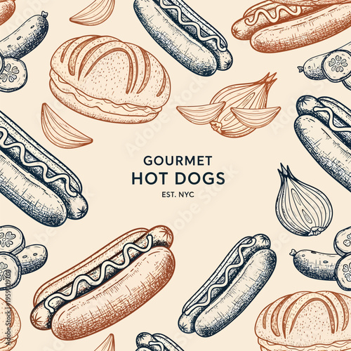 Gourmet Hot Dogs Seamless Pattern with Vintage Hand Drawn Sausage Bun and Onion for Food Wrap Paper and Restaurant Branding Design