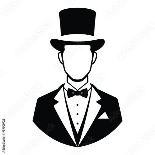 Elegant man in top hat and tuxedo isolated on white background icon