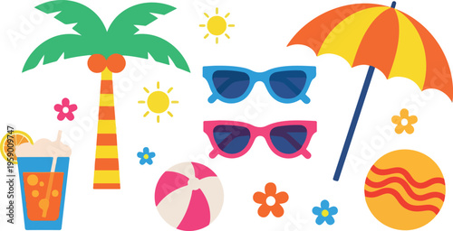 Summer vacation icons, beach symbols, sunglasses, tropical getaway elements, colorful resort graphics