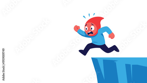 Scared cartoon character running off a cliff edge. Panic, danger, risk, and surprise concept illustration.