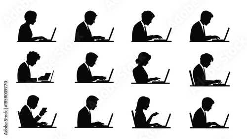Office workers sitting with laptops in various professional poses business silhouettes people working on computers in a modern workspace