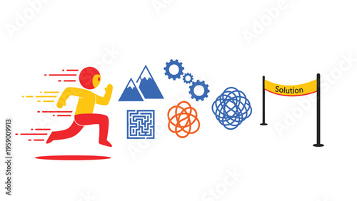 Dynamic problem-solving concept: Runner overcoming obstacles, complexity, and challenges to reach the solution goal banner