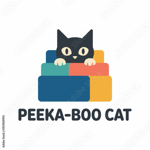 A fun logo featuring a cute cat playfully hiding behind vibrant, colorful blocks, perfect for a playful brand aiming to engage children and cat lovers alike.