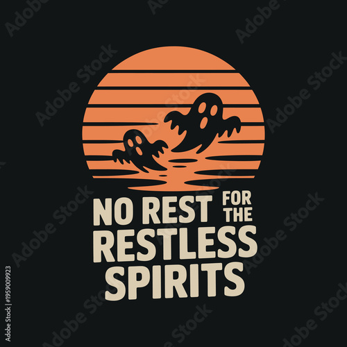 Two ghosts floating in front of sunset with text