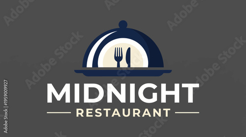 This logo for 'Midnight Restaurant' elegantly combines a cloche symbol with utensils, embodying a refined dining experience and a stylish culinary atmosphere.
