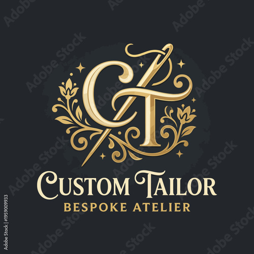 This classy logo for a bespoke tailor features intricate gold details and a stylish needle design, symbolizing quality craftsmanship and personalization.