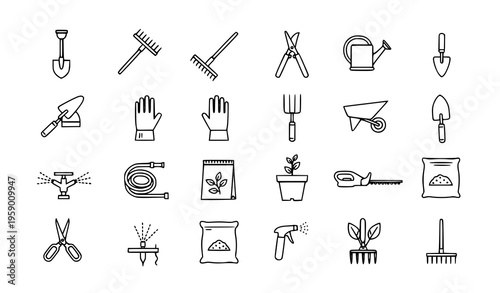 Hand drawn gardening tools icons set with shovel rake pruning shears and landscaping equipment sketch vector collection