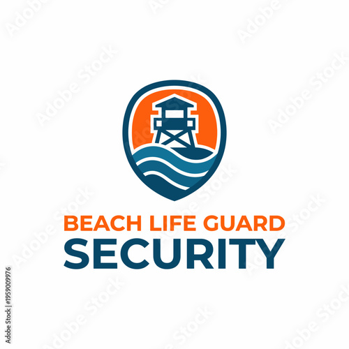 The image portrays a professional logo for beach lifeguard security services, featuring a lifeguard tower, waves, and a shield design, emphasizing safety and protection.