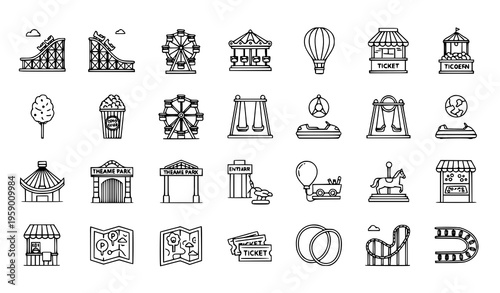 Amusement park outline icons set with roller coaster ferris wheel carousel and hot air balloon vector illustration