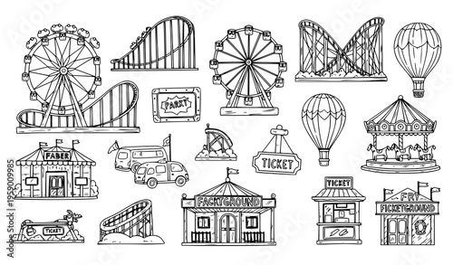 Hand drawn amusement park icons set with roller coaster ferris wheel carousel and hot air balloon sketch vector collection