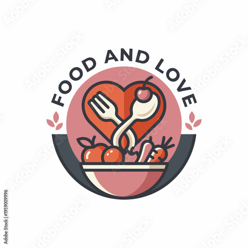 This charming image combines the themes of food and love, illustrated with a bowl of fresh ingredients and heart motifs, symbolizing nourishment and affection.