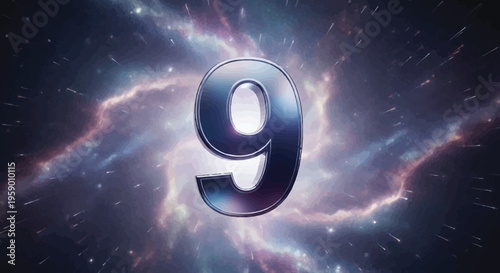 A 3D business illustration of a blue light countdown number nine icon glowing in the sky as a technology sign for internet communication and network design