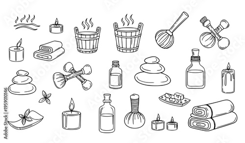 Hand drawn sauna spa icons with steam bath hot stone therapy and wellness relaxation symbols outline vector set