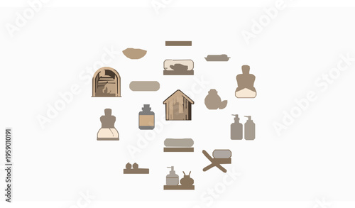 Modern sauna spa outline icons in circular layout with wellness relaxation steam bath and therapy symbols vector