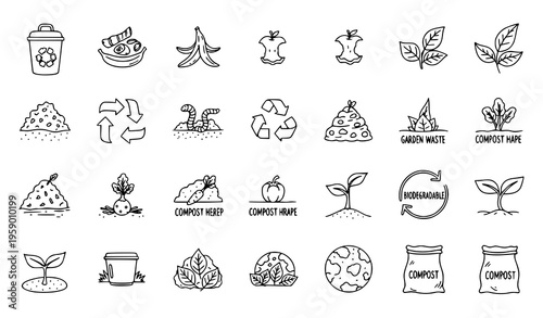 Hand drawn composting and organic waste icons set with food scraps compost bin and recycling elements vector illustration