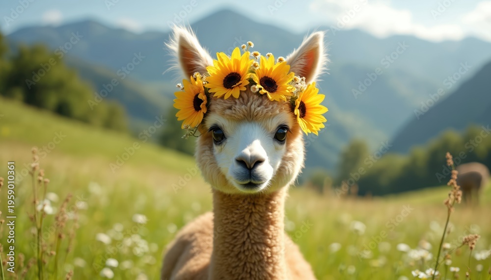 Naklejka premium Baby alpaca wears floral crown in green meadow. Small camelid has fluffy fur and large eyes. Cute mammal stands on grassy field with mountains in background. Sunny day.