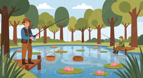 Two men fishing in a serene lake surrounded by trees.