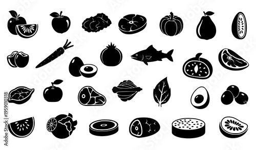 Black food silhouette icons collection with fruits vegetables and protein items in minimal solid vector style