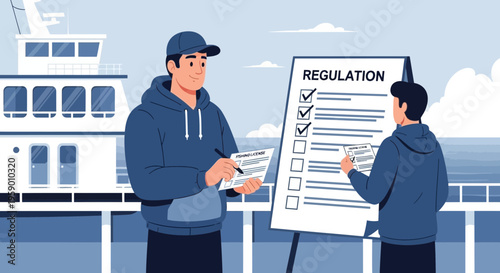 Two men reviewing a list of regulations on a ship deck.