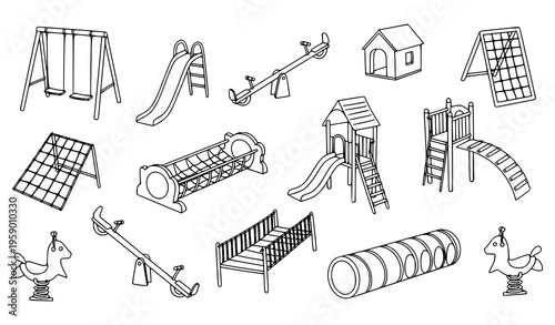 Hand drawn playground equipment icons with kids outdoor play structures and recreation symbols outline vector set