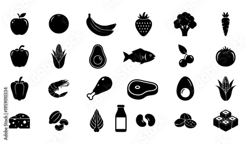 Simple food silhouette icons set with fruits vegetables and protein elements in black solid vector collection
