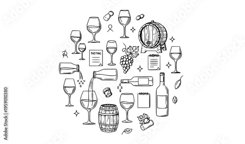 Wine tasting sketch icons in circular layout with glasses barrel grapes and sommelier notes vector set