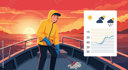 Fisherman in yellow raincoat on boat with weather forecast.