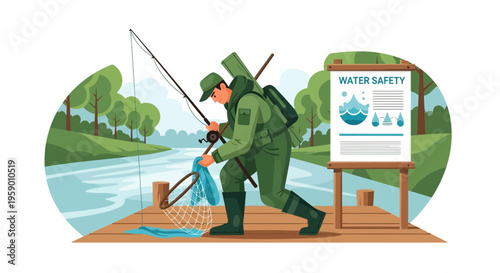 Fisherman on Dock with Fishing Rod and Catch.