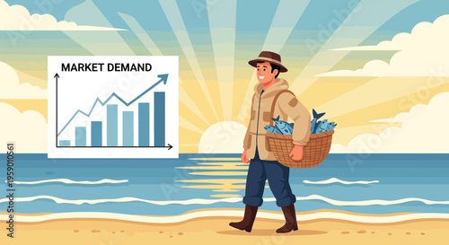 Fisherman walking on beach with basket of fish.