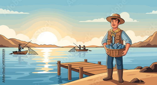 Fisherman with basket of fish on shore.