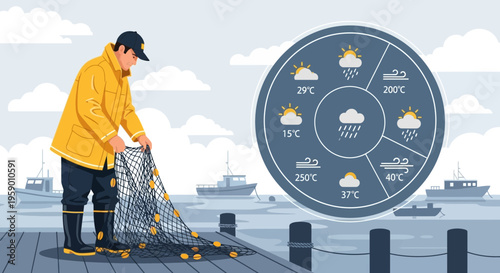 Fisherman Preparing Net on Dock with Weather Forecast.