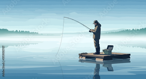 Man fishing from a small raft on a calm lake.