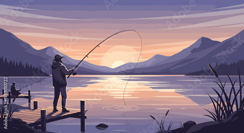 Man fishing from a wooden dock at sunset.