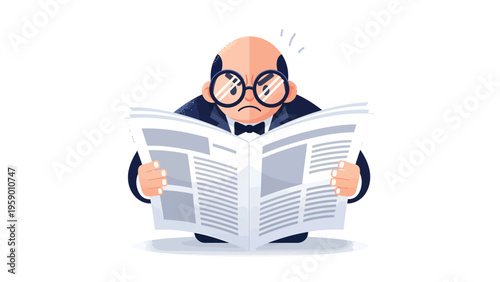 Frustrated businessman reads newspaper. Upset man in suit and glasses reacting to bad news, financial report, or current events. Vector illustration.