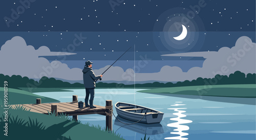 Man fishing from dock at night under moonlit sky.