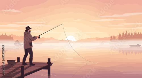 Man fishing from wooden dock at sunrise.