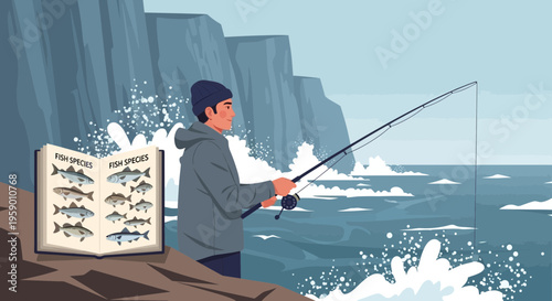 Man fishing from rocky shore with fish identification book.