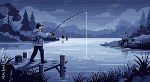 Man fishing from wooden dock at dusk.