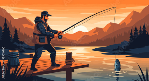 Man fishing on a wooden pier at sunset.