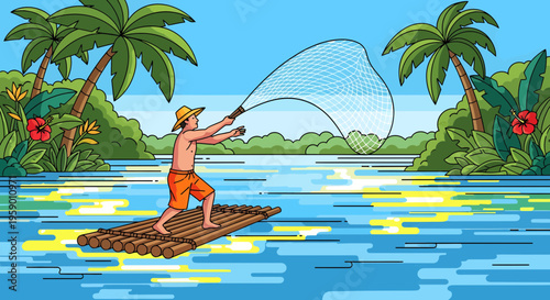 Man fishing with net from raft on tropical water.