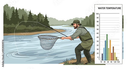 Man fishing with net in river water temperature chart.