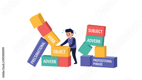 Confused student struggling with unstable grammar building blocks. Language learning challenges, syntax, and education concept.