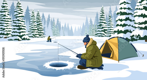 Man ice fishing in winter with tent 1.