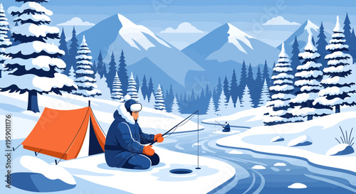 Man ice fishing next to tent in snowy landscape.