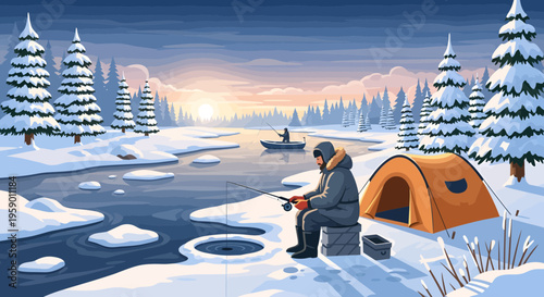 Man Ice Fishing Next To Tent On Frozen Lake.