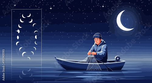 Man in boat fishing with net under moonlit night sky.