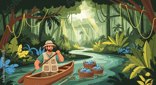 Man paddling canoe through lush jungle river.