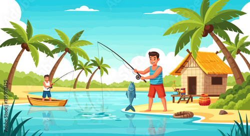 Man proudly displays freshly caught fish on tropical beach.