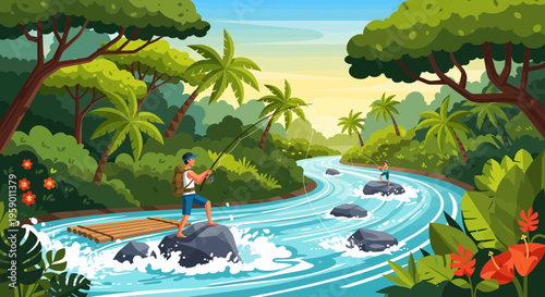 Man standing on rock in river with raft.