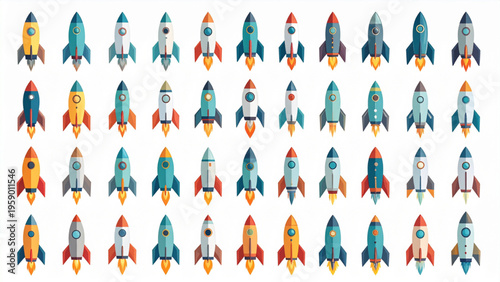Space Rocket Icon Collection Flat Style Launch and Growth Concept Vector
